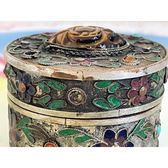 Antique Chinese Trinket Box Enamel Flowers Carved Tigers Eye Flower - Picture 4 of 14